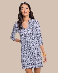 New Southern Tide Alicia Painted Geo Performance Dress Nautical Navy