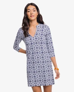 New Southern Tide Alicia Painted Geo Performance Dress Nautical Navy