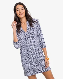 New Southern Tide Alicia Painted Geo Performance Dress Nautical Navy