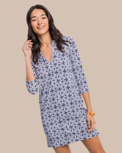 New Southern Tide Alicia Painted Geo Performance Dress Nautical Navy