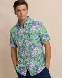 Flash Sale Southern Tide Beach Blooms Linen Rayon Short Sleeve Sport Shirt Lawn Green