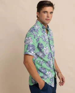 Flash Sale Southern Tide Beach Blooms Linen Rayon Short Sleeve Sport Shirt Lawn Green
