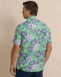 Flash Sale Southern Tide Beach Blooms Linen Rayon Short Sleeve Sport Shirt Lawn Green