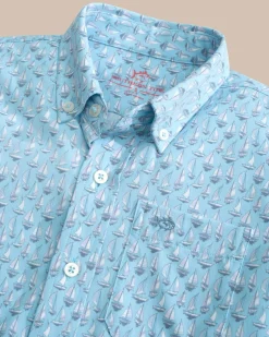 Clearance Southern Tide Boys Intercoastal Forget A-Boat It Short Sleeve Sport Shirt Clearwater Blue