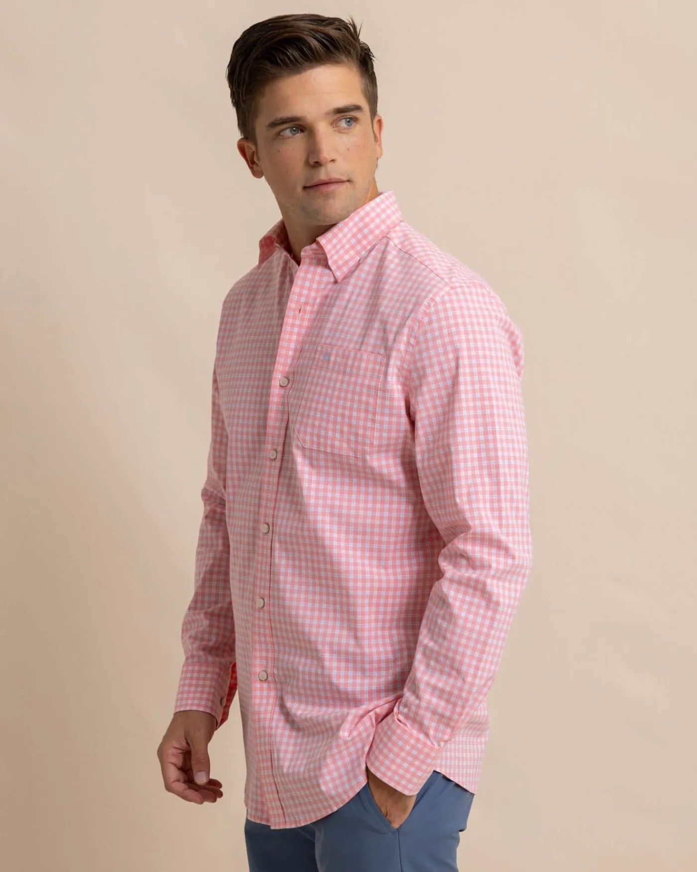 Cheap Southern Tide Charleston Roanoke Check Long Sleeve Sport Shirt Flamingo Pink