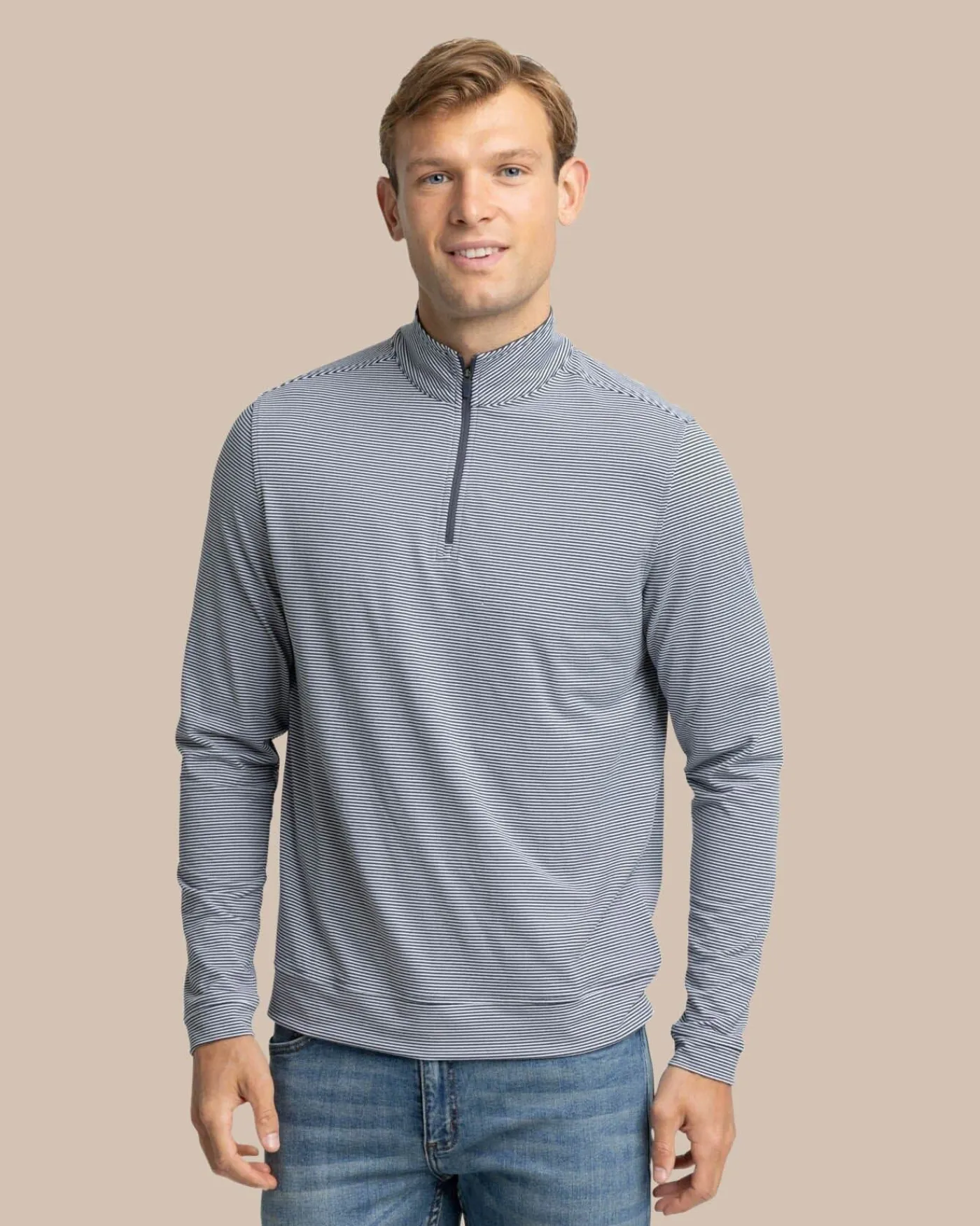 New Southern Tide Cruiser Micro-Stripe Heather Quarter Zip
