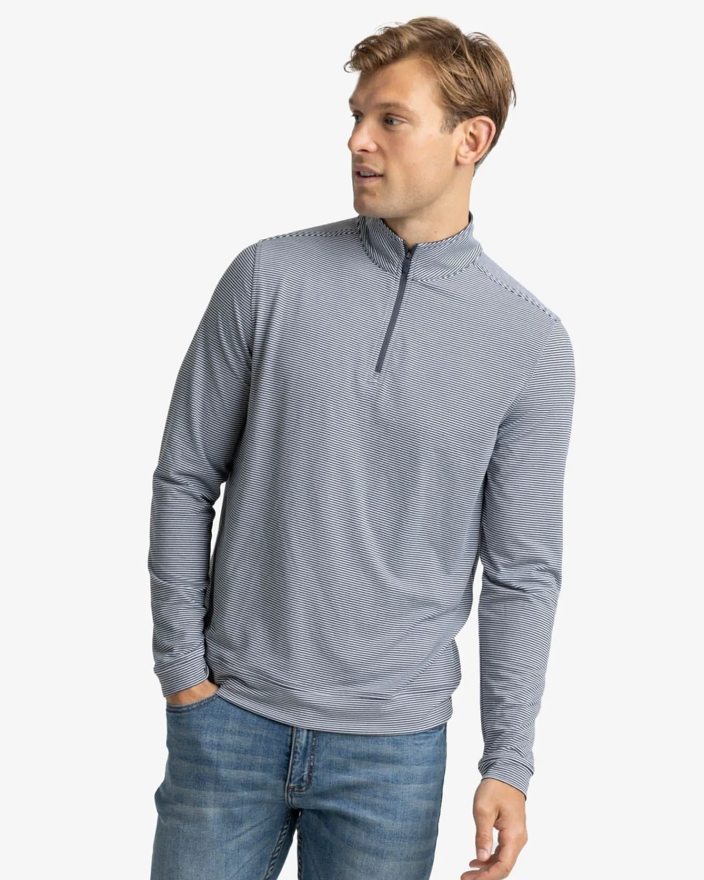 New Southern Tide Cruiser Micro-Stripe Heather Quarter Zip