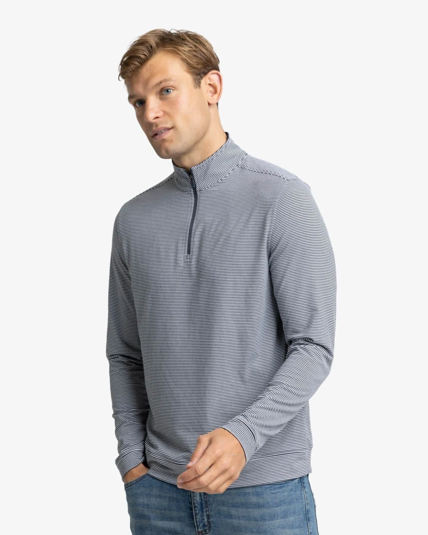 New Southern Tide Cruiser Micro-Stripe Heather Quarter Zip