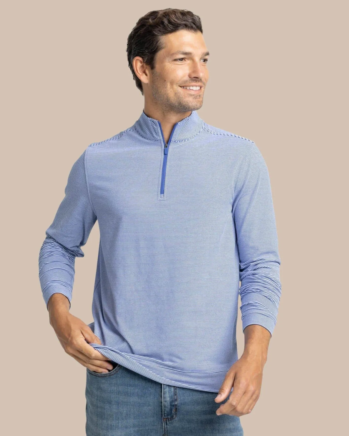New Southern Tide Cruiser Micro-Stripe Heather Quarter Zip