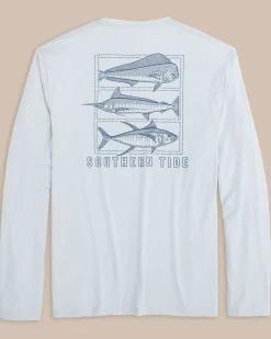 New Southern Tide Dotted Sportfish Stack Long Sleeve Performance T-Shirt Platinum Grey