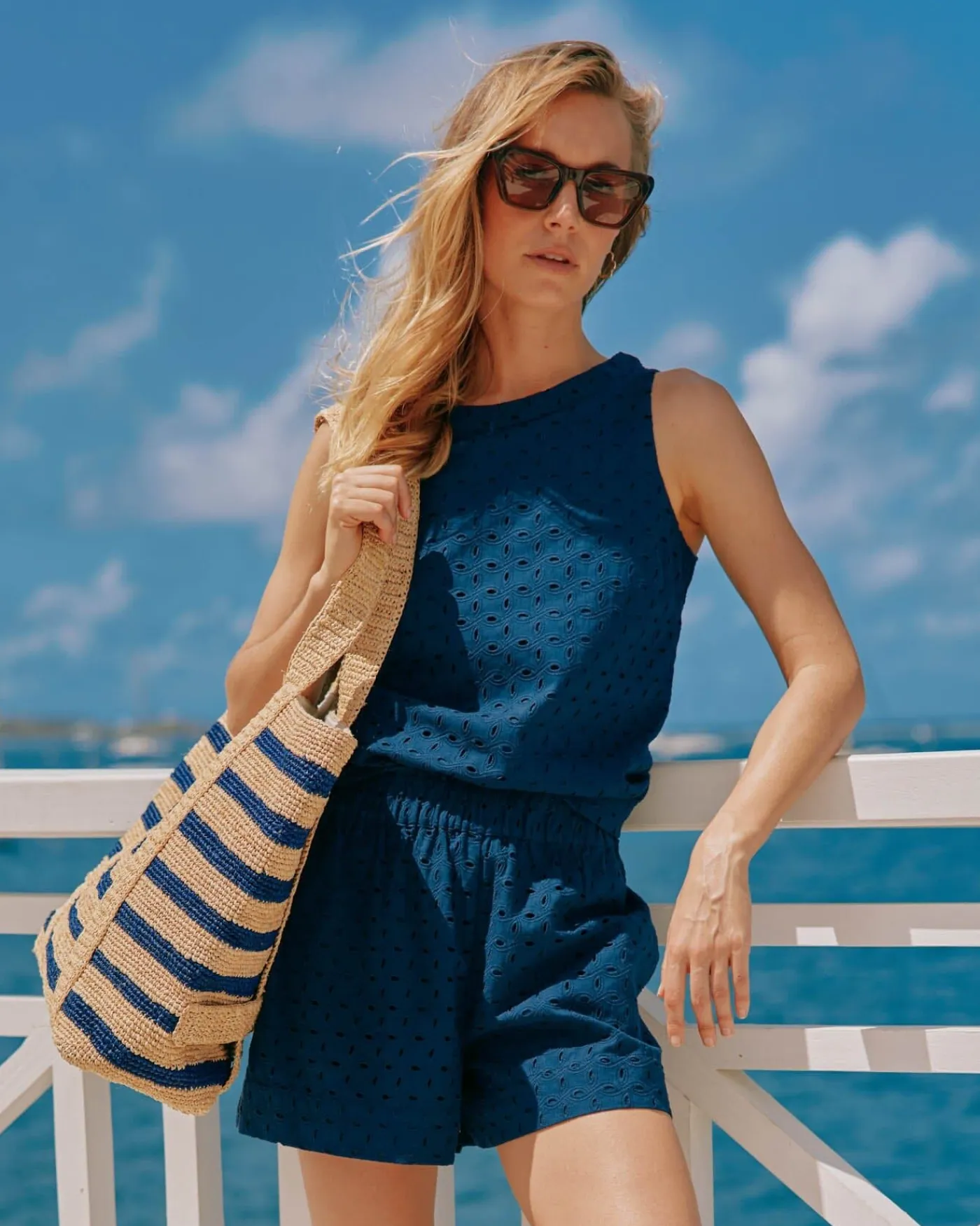 Fashion Southern Tide Elyse Eyelet Short Dress Blue