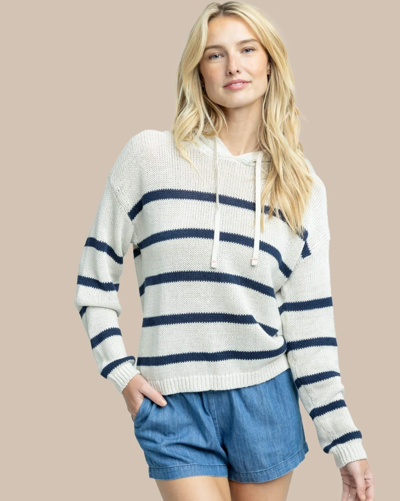 Shop Southern Tide Everlee Striped Hoodie Sweater Stone