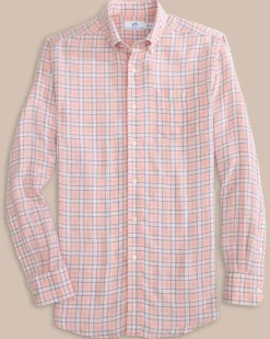 Hot Southern Tide Headland Conestee Plaid Long Sleeve Sport Shirt Apricot Blush Coral