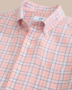 Hot Southern Tide Headland Conestee Plaid Long Sleeve Sport Shirt Apricot Blush Coral
