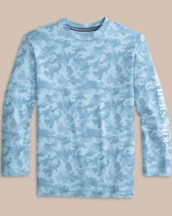 Best Sale Southern Tide Kids Island Camo Long Sleeve Performance T-Shirt Clearwater Blue