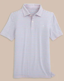 New Southern Tide Kids Ryder Heather Halls Stripe Performance Polo