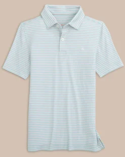 New Southern Tide Kids Ryder Heather Halls Stripe Performance Polo