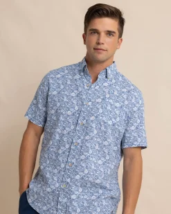 New Southern Tide Linen Rayon Caps Off Short Sleeve Sport Shirt Coronet Blue