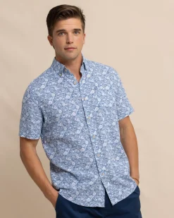 New Southern Tide Linen Rayon Caps Off Short Sleeve Sport Shirt Coronet Blue