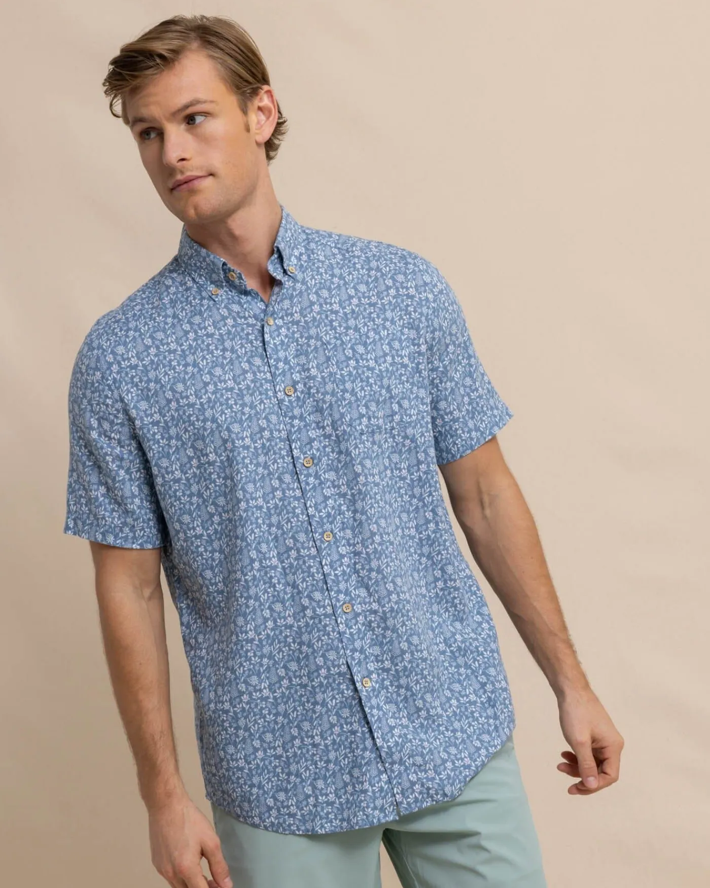 Best Sale Southern Tide Linen Rayon Ditzy Floral Short Sleeve Sport Shirt