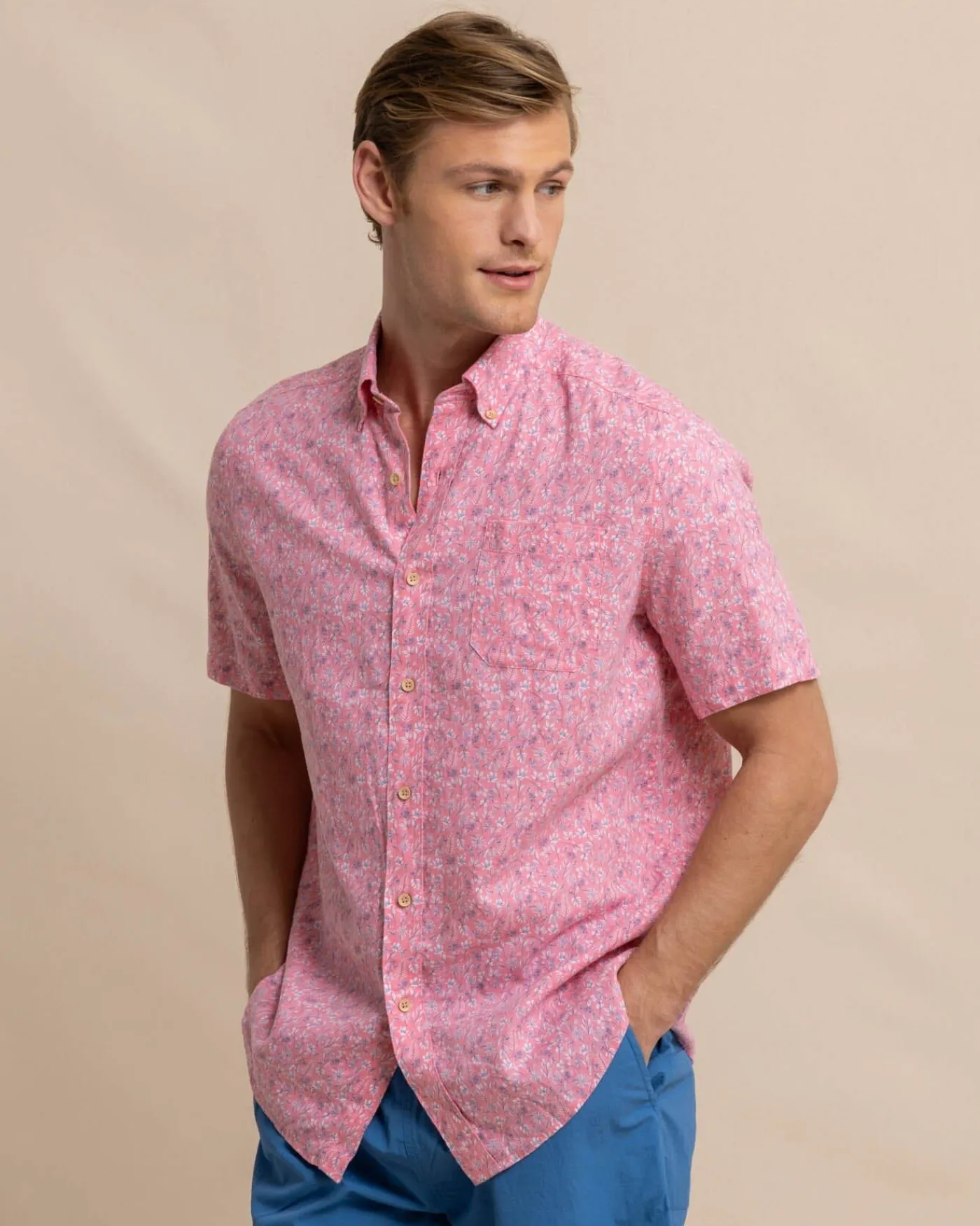 Best Sale Southern Tide Linen Rayon Ditzy Floral Short Sleeve Sport Shirt