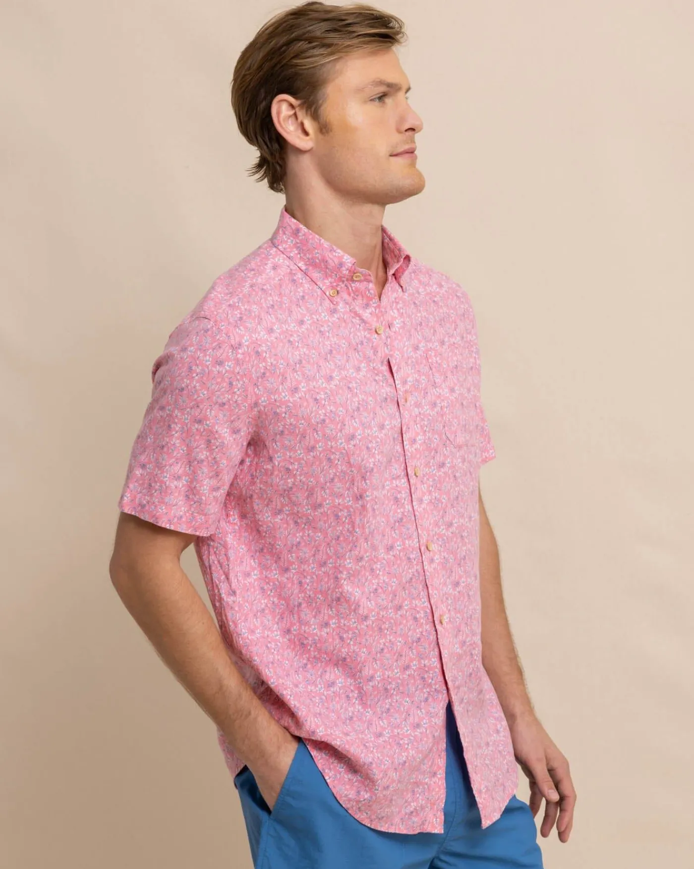 Best Sale Southern Tide Linen Rayon Ditzy Floral Short Sleeve Sport Shirt