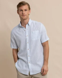 Best Sale Southern Tide Linen Rayon Palm And Breezy Short Sleeve Sport Shirt Clearwater Blue
