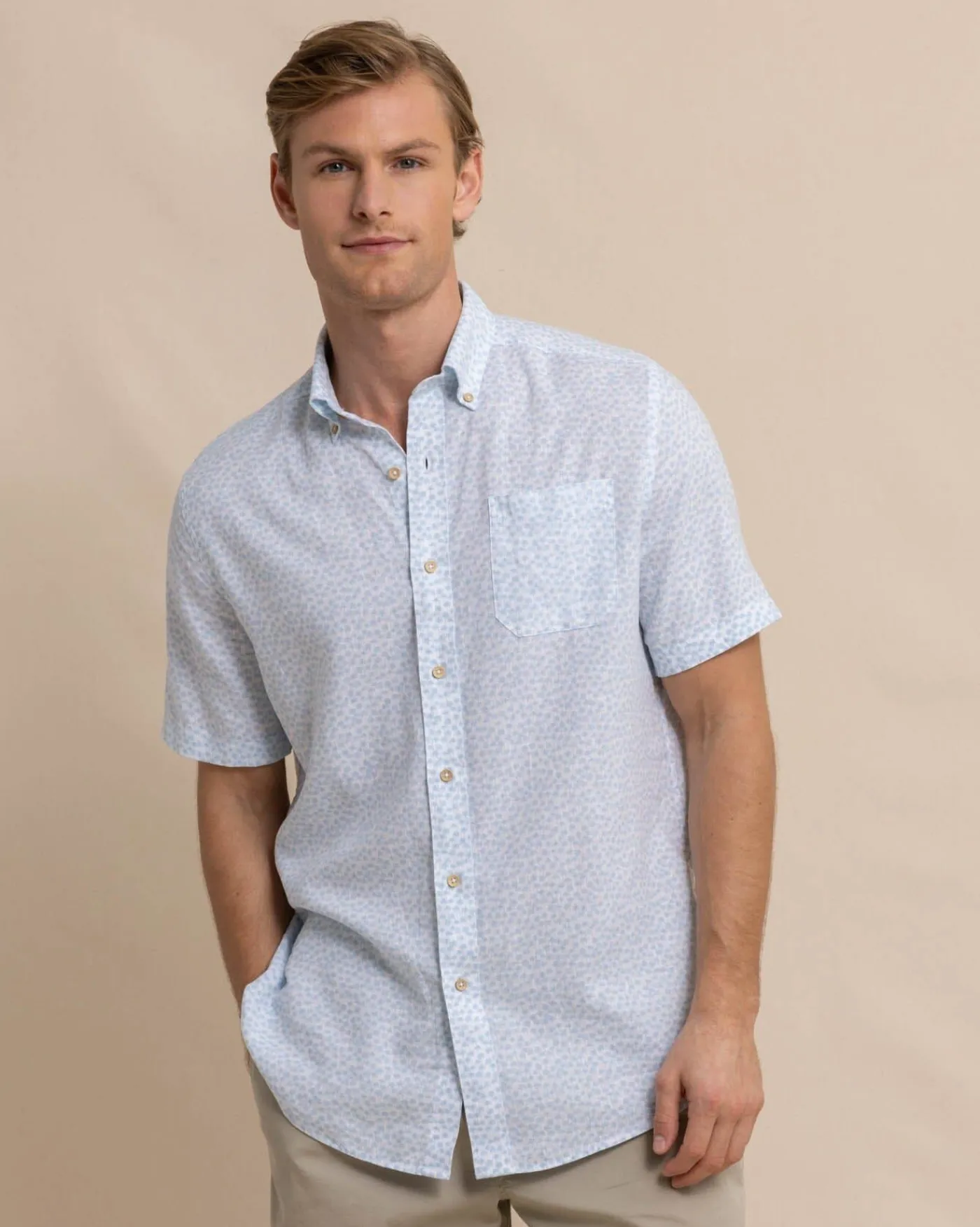 Best Sale Southern Tide Linen Rayon Palm And Breezy Short Sleeve Sport Shirt Clearwater Blue