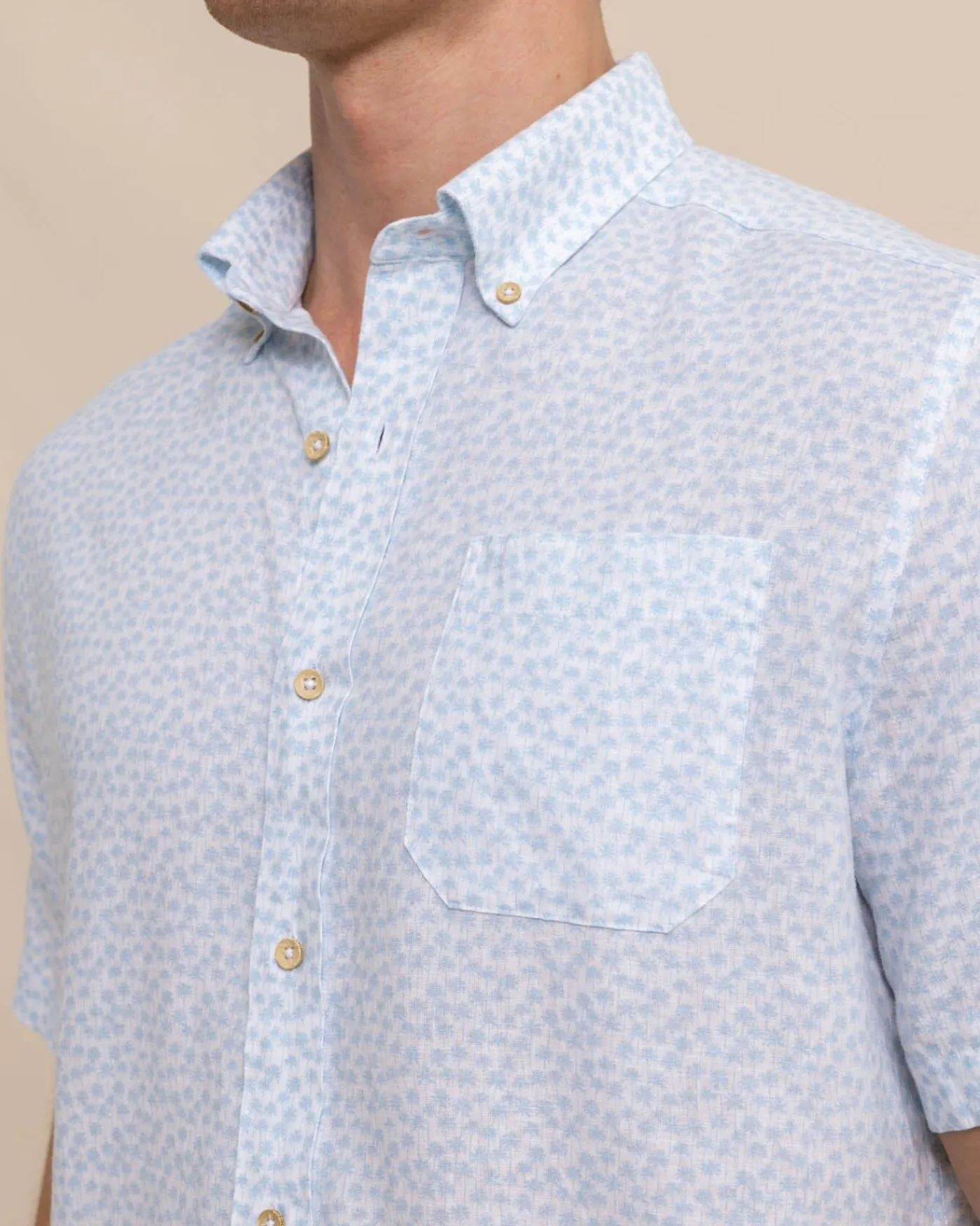 Best Sale Southern Tide Linen Rayon Palm And Breezy Short Sleeve Sport Shirt Clearwater Blue