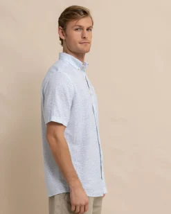 Best Sale Southern Tide Linen Rayon Palm And Breezy Short Sleeve Sport Shirt Clearwater Blue