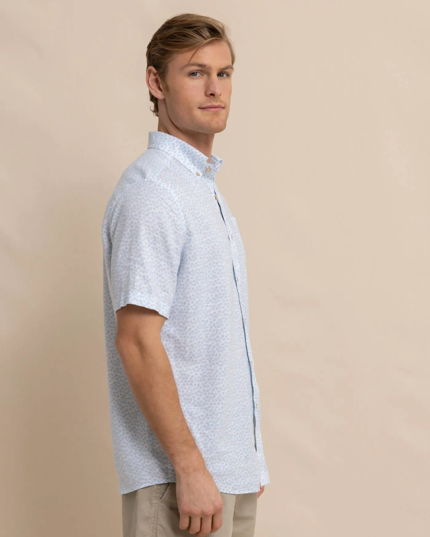 Best Sale Southern Tide Linen Rayon Palm And Breezy Short Sleeve Sport Shirt Clearwater Blue