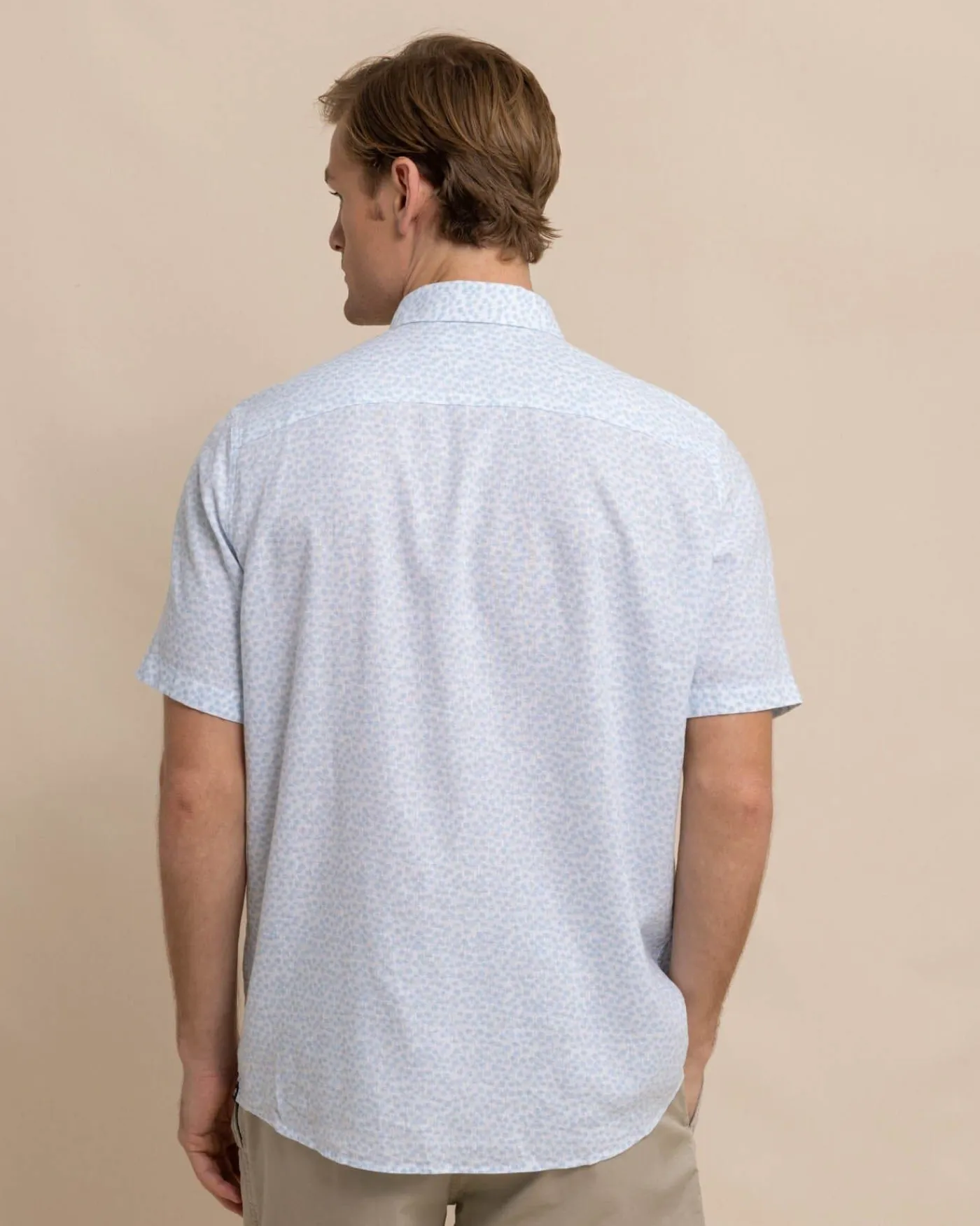 Best Sale Southern Tide Linen Rayon Palm And Breezy Short Sleeve Sport Shirt Clearwater Blue