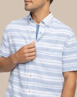 Fashion Southern Tide Linen Rayon Timmonsok Stripe Short Sleeve Sport Shirt Coronet Blue