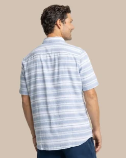 Fashion Southern Tide Linen Rayon Timmonsok Stripe Short Sleeve Sport Shirt Coronet Blue