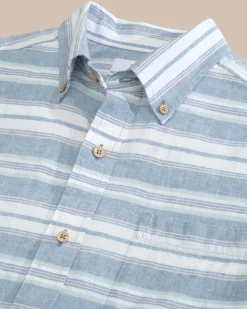Fashion Southern Tide Linen Rayon Timmonsok Stripe Short Sleeve Sport Shirt Coronet Blue