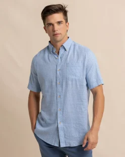 Store Southern Tide Linen Rayon White Lotus Short Sleeve Sport Shirt Clearwater Blue