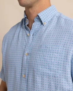 Store Southern Tide Linen Rayon White Lotus Short Sleeve Sport Shirt Clearwater Blue