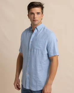 Store Southern Tide Linen Rayon White Lotus Short Sleeve Sport Shirt Clearwater Blue