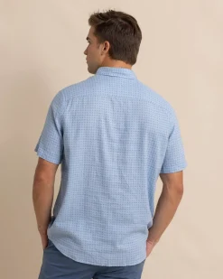 Store Southern Tide Linen Rayon White Lotus Short Sleeve Sport Shirt Clearwater Blue