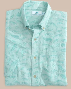 Hot Southern Tide Linen Rayon You'Ve Been Schooled Short Sleeve Sport Shirt Wake Blue