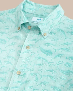 Hot Southern Tide Linen Rayon You'Ve Been Schooled Short Sleeve Sport Shirt Wake Blue