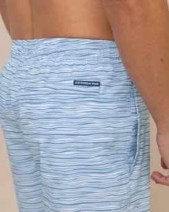 Best Sale Southern Tide Ocean Water Stripe Swim Trunk Subdued Blue
