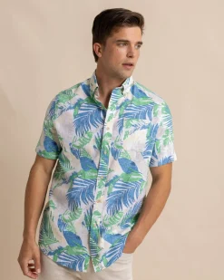 Cheap Southern Tide Paradise Palms Linen Rayon Short Sleeve Sport Shirt Classic White