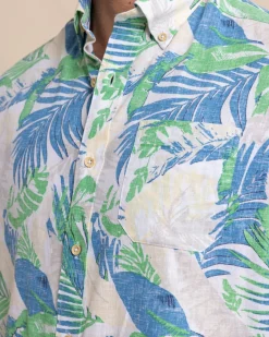 Cheap Southern Tide Paradise Palms Linen Rayon Short Sleeve Sport Shirt Classic White