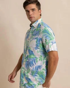 Cheap Southern Tide Paradise Palms Linen Rayon Short Sleeve Sport Shirt Classic White