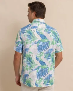 Cheap Southern Tide Paradise Palms Linen Rayon Short Sleeve Sport Shirt Classic White