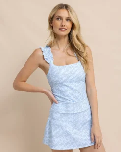Cheap Southern Tide Staci Printed Active Ruffle Tank Clearwater Blue