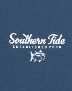 New Southern Tide Striped Sunset Palms Short Sleeve T-Shirt Aged Denim