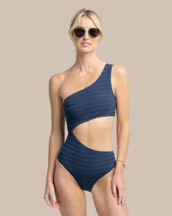 Best Sale Southern Tide Texture One Shoulder One-Piece Dress Blue