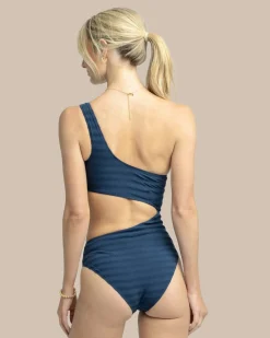 Best Sale Southern Tide Texture One Shoulder One-Piece Dress Blue
